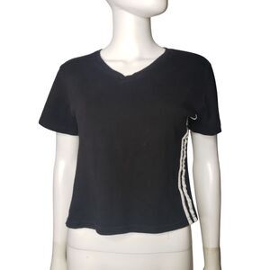 RAG Black and White Striped Sides V Neck Cropped T Shirt Juniors Size Large